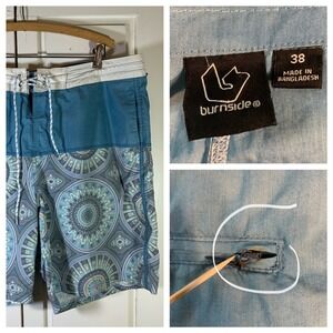 Burnside Mens Board Shorts Size 38 Blue Geometric Print Swim Trunks Lace Up READ